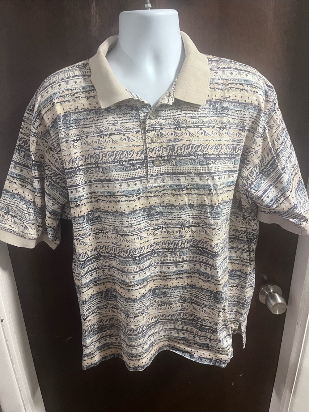 Vintage Nike Golf Men’s XL Polo Shirt Abstract All Over Print Tan/Blue